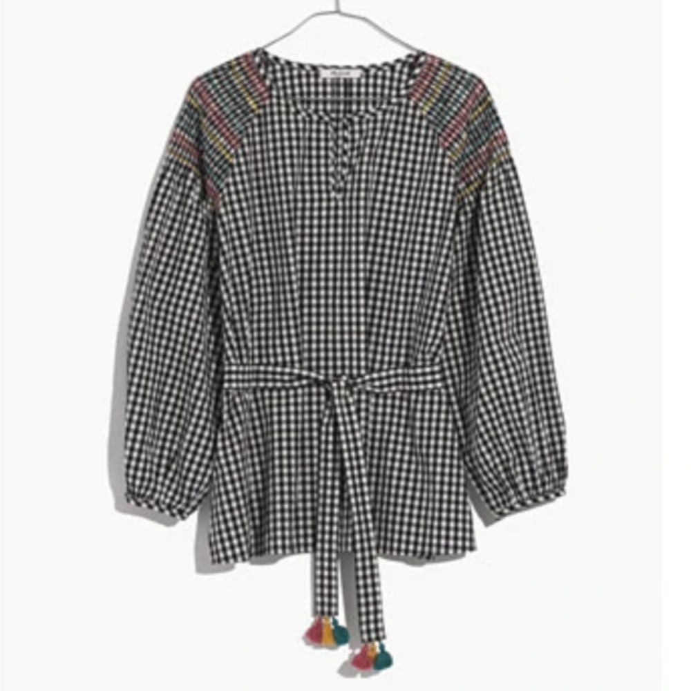 Madewell || Smocked Gingham Top with Tassel Tie